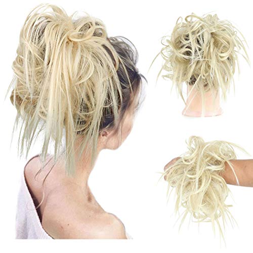 Gangel Hair Bun Hairpieces Extensions Curly Wavy Hair Ponytail Synthetic Hair Fibers Elastic Scrunchie Half Updo Hair Wig For Women and Girls(Pack of 1) (Pale Ash Blonde Mix Bleach Blonde(24T613#))