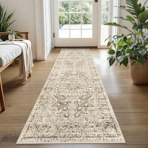 KUTA Vintage Washable Runner Rug, 2x5 Runners Non-Slip Beige Brown 5ft Hallway Kitchen Rugs Ultra Soft Printed Distressed Tribal Farmhouse Carpet for Bedroom Entryway Decor