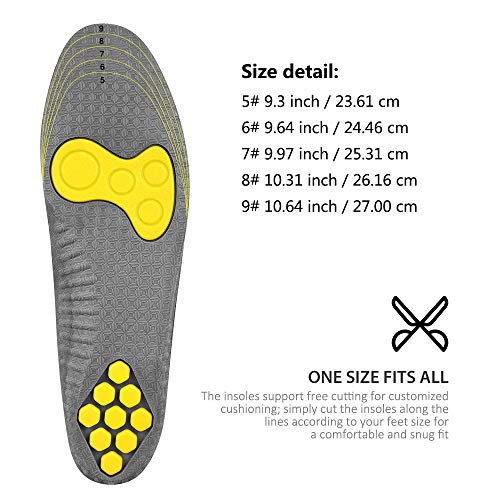 Plemo Gel Sports Shoe Insoles for Men Women, One Size Fits All with Cushioning Arch Support (Size 5-9)