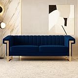 yunqishi Mid-Century Modern Blue Velvet Sofa with Gold Metal Legs, 83.86' Luxury Chesterfield Comfy Couches for Living Room (Velvet, Blue)