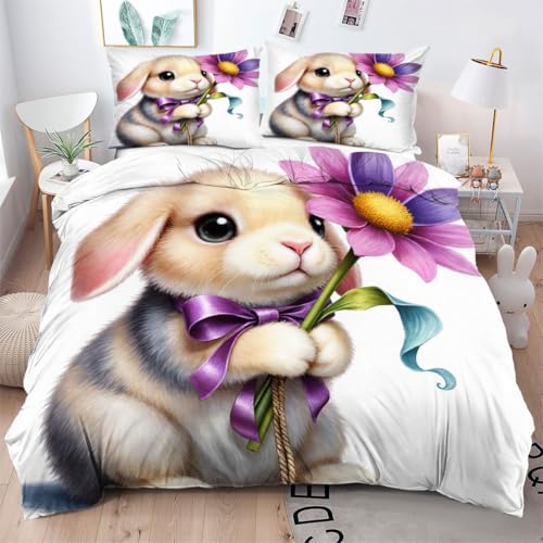 ZZXHG Funda Nordica Cama 90-135x200 Conejo Animal Flores, Funda de Edredón Infantil de Suave Microfibra, Juego de Ropa y 2 Funda de Almohada 50x75 cm_A4646