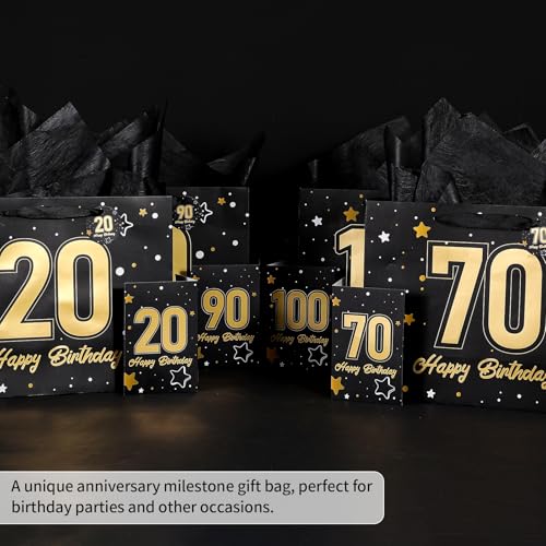 Image of Powbrace 13 inch Black 20th Birthday Gift Bag with Tissue Paper and Greeting Card for Party,Happy Birthday Gift Bag for Men Women,Gift Bags Medium size(1 Black 20th)