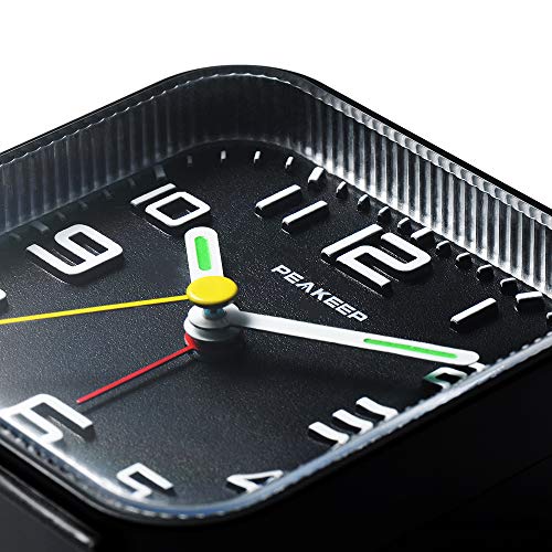 Image of Peakeep 3D Numbers No Tick-Tock Analog Alarm Clock Classic Beep Sound | Snooze, Manual Light and Battery Powered Small for Travel (Black-3D)