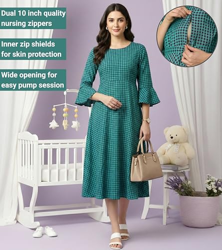Image of DUMMY SHAPE Feeding Kurtis for Women Cotton Blend | Floral Pregnancy Flare Kurta with Dual Nursing Zippers to Pre & Post Partum | Maternity Dresses | Gifts for Pregnant Woman