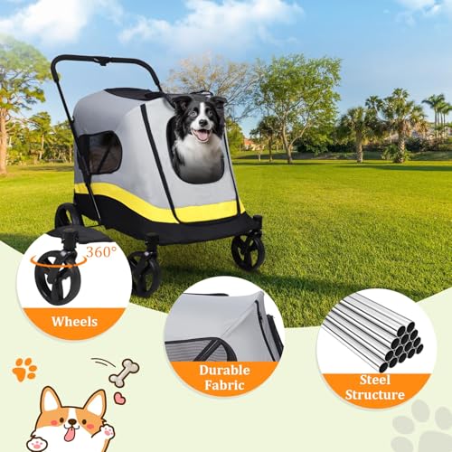 BingoPaw Faltbarer Hundebuggy Große Hunde: Klappbar Hundewagen bis 42kg Hundetrolley mit Regenschutz, Sicherheitsgurt, 4 Rädern & 3 Netzfenstern, Transportwagen Jogger Buggy für Haustiere