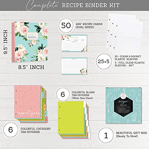 Recipe Binder 3 Ring Organizer Blank Recipe Book 8.5" X 9.5" With 50 Blank Recipes Cards (4X6); Dividers And Page Protectors; Recipe Book To Write In Your Own Recipes #TOP3
