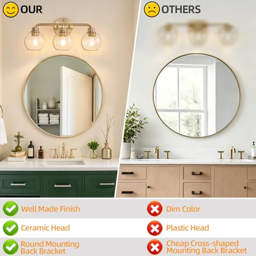 Image of Bathroom Light Fixtures Gold Vanity Light 3 Light Brushed Brass | Wall Sconces Lighting with Seeded Globe Glass Shades Bath Wall Lamp for Mirror Kitchen Living Room Bedroom Hallway