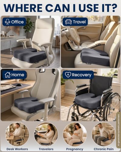 Image of 5 STARS UNITED Seat Cushion - Memory Foam Chair Cushion for Tailbone Pain Relief - Ergonomic Support for Coccyx, Sciatica & Butt - Office, Desk & Gaming Chair, Car Seat, Wheelchair, Airplane, D Gray