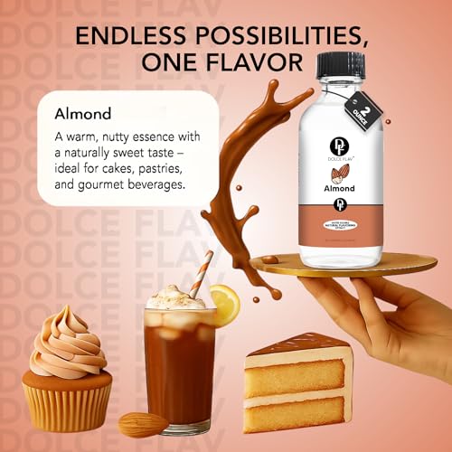 Image of Dolce Flav Natural Almond Extract - 2 Ounce Water-Soluble Kosher, Sugar-Free, Concentrated Pure Almond Flavoring for Baking, Pastries & Beverages, Includes Measured Dropper, Pack of 2
