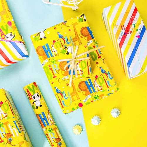 Retrify Rolo de papel de embrulho reversível de aniversário, 43 cm x 80 cm, animais coloridos da sel