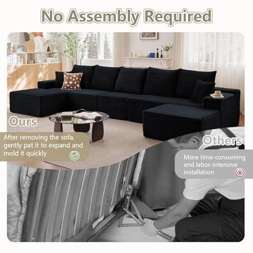 Image of 167.7 inch Sectional Cloud Couch for Living Room, Stupendous U Shaped Sofas, Modular Floor Deep-Seat Sofa, Big Comfy Corduroy Couches Set with Fluffy Memory Foam, No Assembly Required, Black