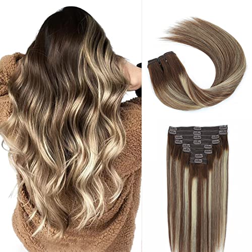 Clip in Hair Extensions Remy Human Hair Balayage Chocolate Brown Mixed Blonde Fashion Color Clip in Human Hair Extensions 18 Clips 8pcs Real Human Hair Extensions Clip in 24 Inch Natural Hair Extensions Straight
