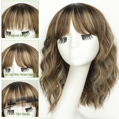 Image of AISI HAIR Curly Bob Wig with Bangs Short Wavy Muted Sandy Blonde Wigs for Women Bob Style Synthetic Heat Resistant Bob Wigs