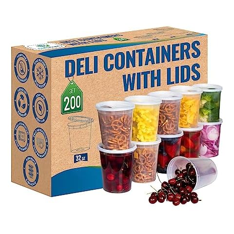 32oz Deli Food Storage Containers with Airtight Lids - 200 Sets (4 packs 50 Set), Leakproof, Reusable, Stackable, Microwave, Dishwasher & Freezer Safe, Ideal for Meal Prep, Soup, Portion Control Cover