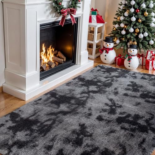 jianandi Alfombra de Salón, Alfombras Suaves y Mullidas para Dormitorio, Alfombra de Cabecera Lavable de Pelo Alto, Alfombra Relax para Salón y Dormitorio, Tie-Dye Gris Oscuro, 80cm×150cm