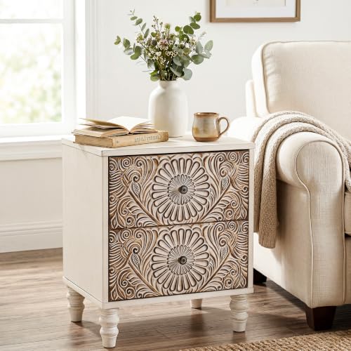 Image of HOMPUS 2-Drawer Farmhouse Nightstand, Fully Assembled Boho Night Stand, Vintage Accent End Table Bedside Table, Small Nightstand Organizer for Bedroom, Laundry, Distress White