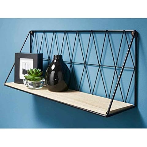 48cm Industrial Oak Effect Shelf with Black Wire Metal Brackets, Decorative Floating Display Shelves, Bookcase Storage for Bathroom, Living Room, Kitchen and Bedroom Decor, Hanging Shelving Unit Cover