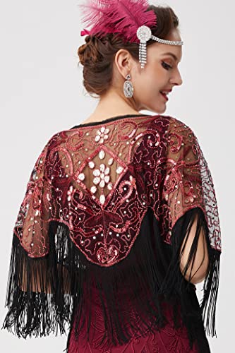 BABEYOND 1920s Shawl Wraps Gatsby Beaded Evening Cape Bridal Shawl for Evening Dresses Wedding Party (Wine Red) - Thumbnail 4