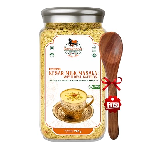 Image of KAMDHENU GAUVEDA Premium Kesar Milk Masala Powder 700gm | Saffron | Almonds | Pistachios | Cardamom | Pack In Premium Organic Glass Bottle ! No Use Plastic ! (Pack of 1)