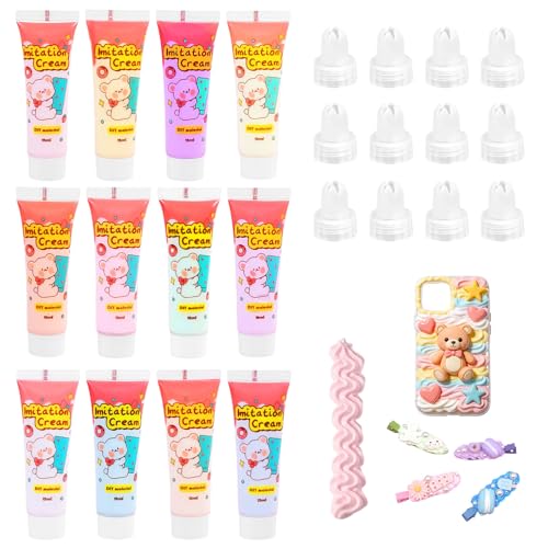Mesenymm Cream Glue 12 PCS 15ml Simulation Cream Glue Kit DIY Phone Case Kit with 18 PCS Piping Tip for Case Craft Party Birthday Gifts Mirror Jewelry Accessories