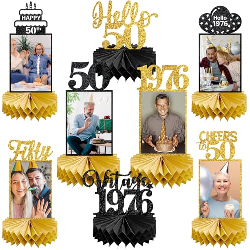 Image of Eucutur 8Pcs 50th Birthday Decorations Honeycomb Centerpieces for Women Men, Black Gold Vintage 1976 50th Bday Photo Table Centerpieces Party Supplies, Glitter Cheers to 50 Year Old Bday Table Topper