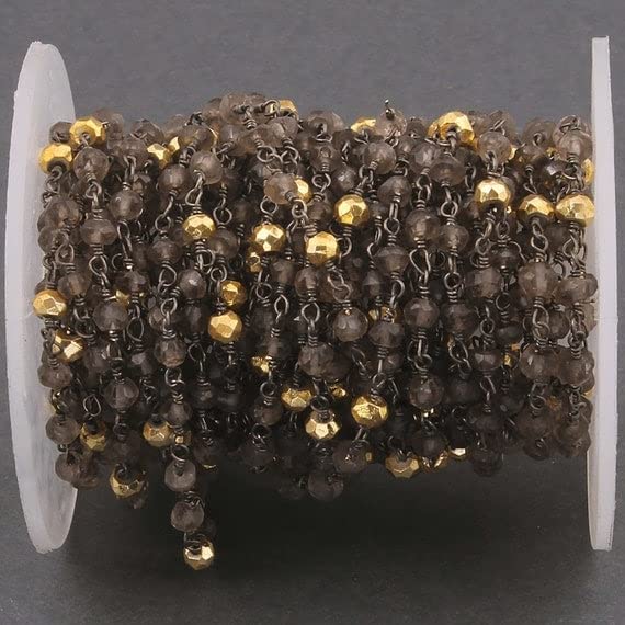 Quartz fumé et pyrite dorée LKBEADS chaîne de perles 3mm création bijoux fil noir