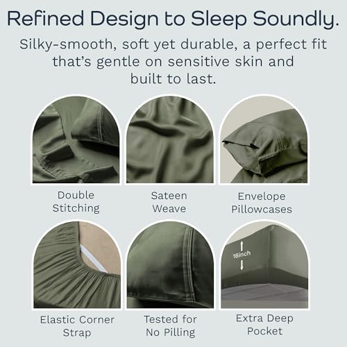 Image of Olive + Crate Tencel Lyocell Eucalyptus Twin Sheets Set - Extra Long Sheet Set - Cooling Tencel Sheets for Hot Sleepers with 16 Inch Deep Pocket Fit - Moss 3-Piece Set
