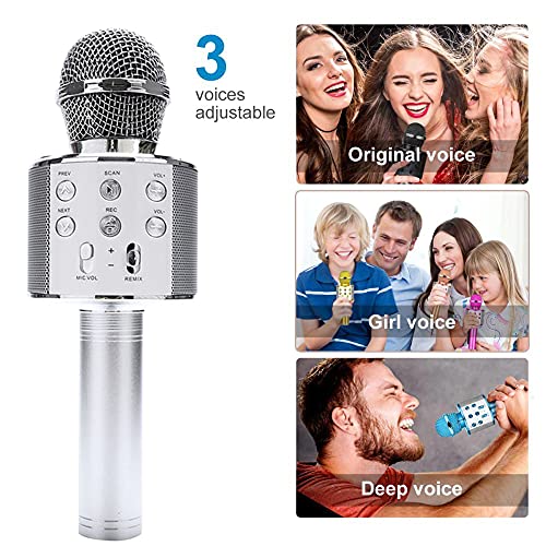 Madon Wireless Karaoke Microphone Bluetooth Handheld Speaker Home Party Player Christmas Birthday Gift for Kids (Silver)