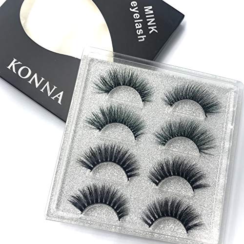 Konna 3D Mink False Eyelashes 4 Pairs Green and Black Handmade Colored Natural Lashes Kit with Tweezers and Glue-D