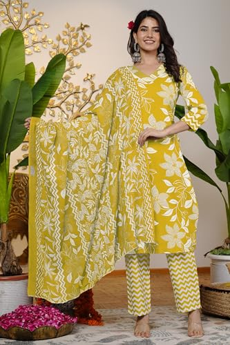 Image of MIRCHI FASHION Women's Straight Fit Pure Cotton Sequins Thread Work Leaf Printed Kurta Set with Dupatta and Trouser