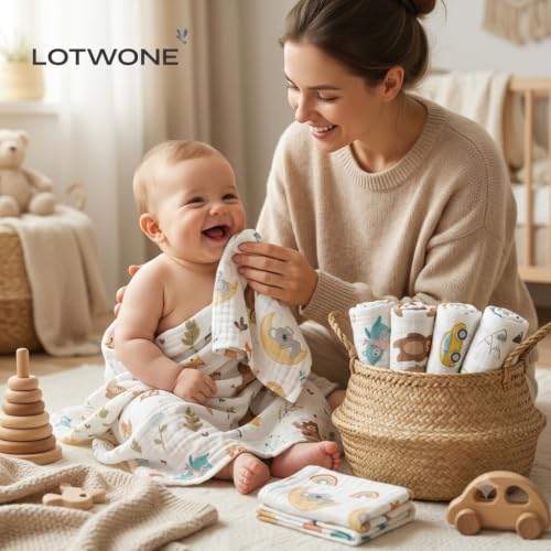 Image of 6 Layer Muslin Cotton Baby Wash Cloths Pack of 5, 25x25 cm | Soft Baby Face Towels for Newborns | Absorbent Reusable Burp Cloths, Feeding Wipes & Baby Napkins