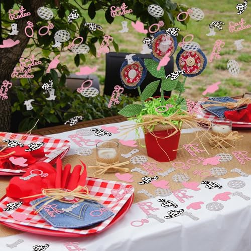 Image of BeYumi Cowgirl Bachelorette Table Decor - 300Pcs Western Cowgirl Table Confetti Decoration Pink Glitter Last Rodeo Disco Ball Ring Boot Cowboy Hat Paper Confetti Decor for Birthday Engagement Party