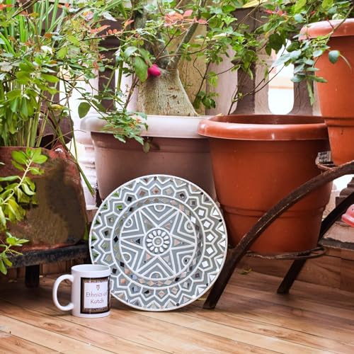 Image of Ethnics of Kutch Traditional Kutch Handicraft Mud-Mirrorwork Lippan Kam Wall Art (Water and Break Resistant) - Square (12 inch x 12 inch) - (Grey - LKT-0253)