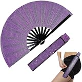 dmjuncong Large Folding Glitter Rave Fan,Clack Handheld Fan with Leg Strap and Fabric Case Bag,for Line Dancing,Festivals,Carnival,Rainbow Outfits,Disco Party,Home Decoration and many occasions.Purple