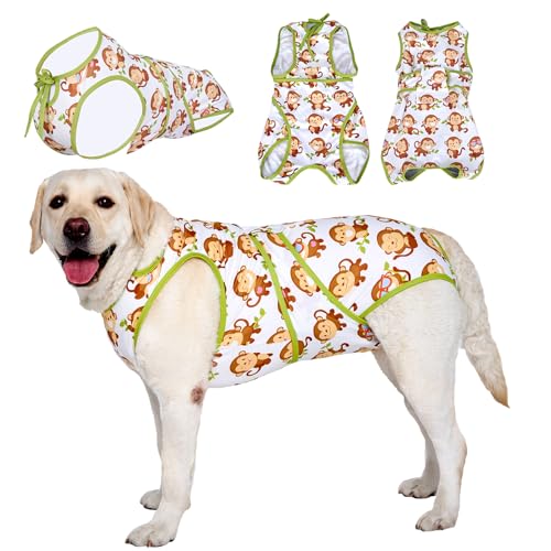 LovinPet Dog Recovery Suit - Medium Large - After Surgery Big Dog Recovery Suit Anti Licking Abdominal Wound Surgical Clothes Post-Operative Vest E-Collar Alternative,Monkey,Green,L