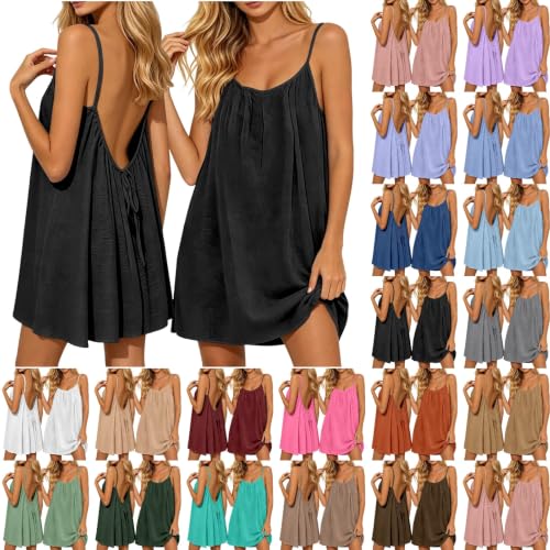Robe Dos Nu Ajustable Femme, Robe Ete Femme Fluide Midi Courte - Caraco En Lin - Avec Cordon De Serrage - Sans Manches Avec Bretelles - Ample Et Fluide Confortable - Pour Salon, De Plage, Vacances