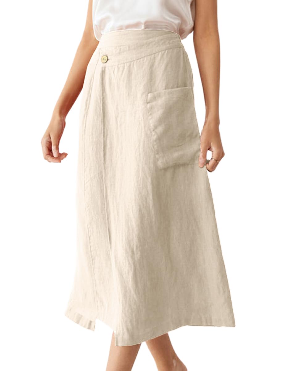 IDEALSANXUN Gonne in lino da donna, estive, casual, in cotone, linea A, elasticizzate, a vita alta, con tasche