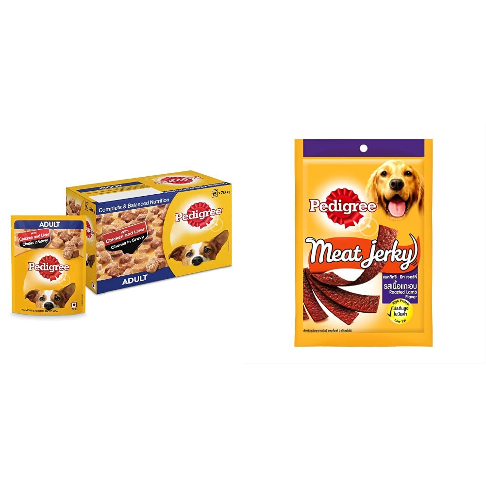 Pedigree Adult Wet Dog Food, Chicken & Liver Chunks in Gravy, 70 G (Pack of 15) & Meat Jerky Adult Dog Treat, Roasted Lamb, 80G Pack (B08KVB59PM) Amazon Price History, Amazon Price Tracker