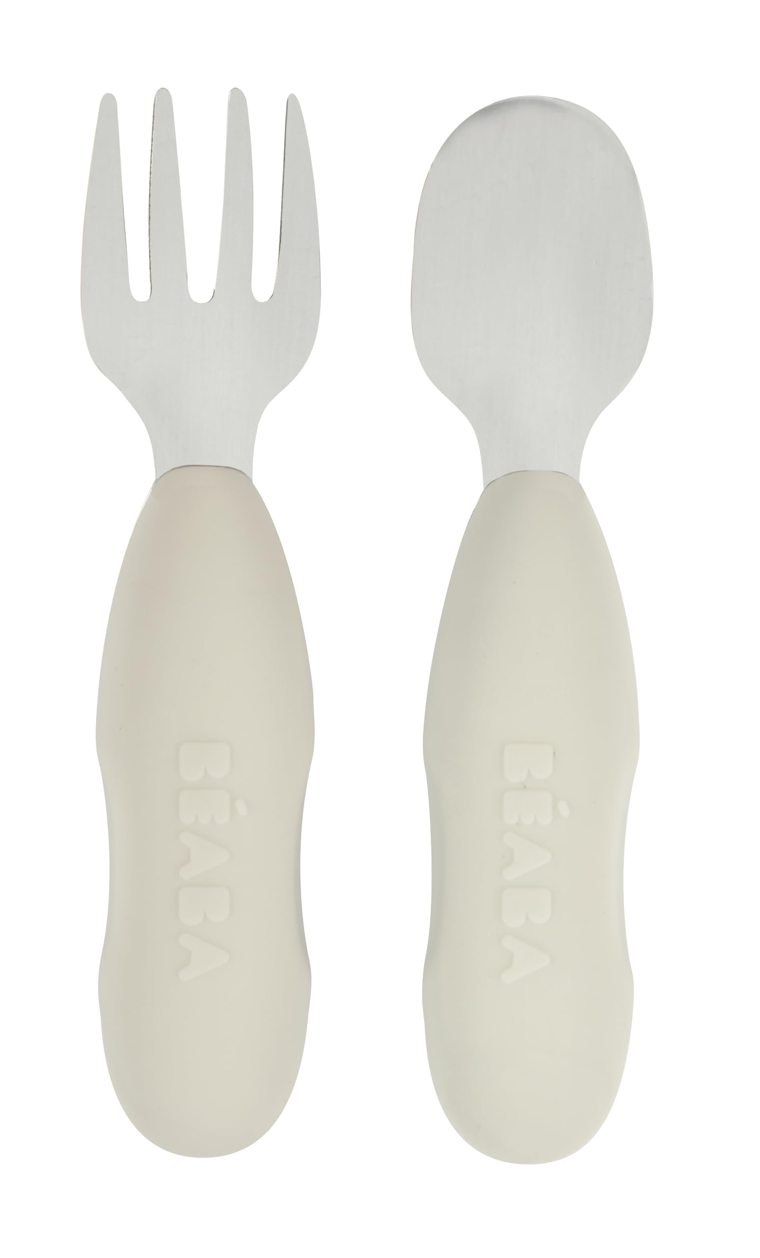 Beaba Set of 2 Stainless Steel Cutlery - Spoon and Fork, Short Soft Silicone Handles for Easy Grip, Fork Spear Food Efficiently, Shallow Spoon to Avoid Spilling for Infant and Toddler, 10m+ (Grey)-image-23