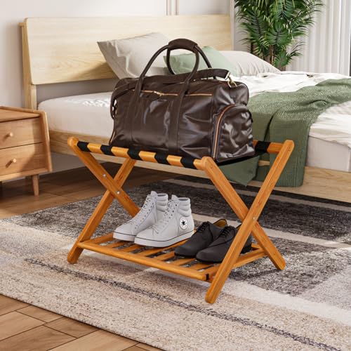 Image of Smuxee Fully Assembled Honey Luggage Rack, Upgraded Bamboo Foldable Suitcase Stand with 5 Nylon Straps, Luggage Holder with Shelf for Guest Room Bedroom Hotel