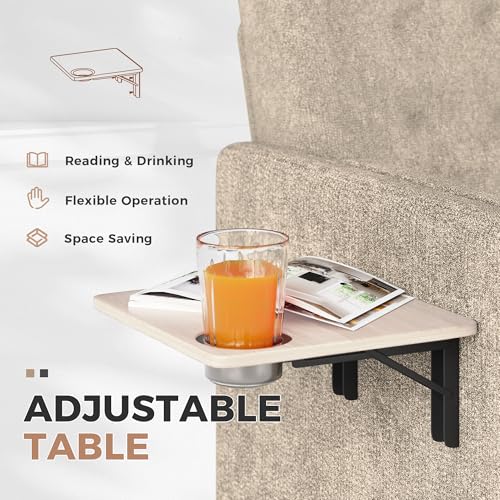 Image of Chenille Accent Chair, Mid Century Modern Arm Chair with Foldable Wooden Side Table & Cup Holder - Comfy Reading Chair for Bedroom,Living Room Chairs,Sofa Chair Set of 2,Beige