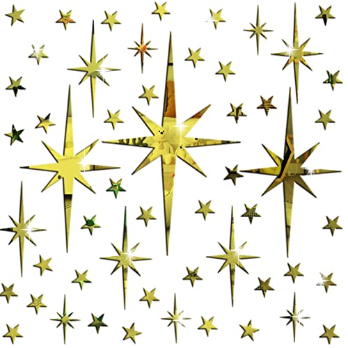 Mirror Wall Stickers Gold Acrylic Star Mirror 3D Wall Decal Peel And Stick Wall Decals Removable Stars Adhesive Mirror Wall Decor For Home Living Room Decor #TOP1