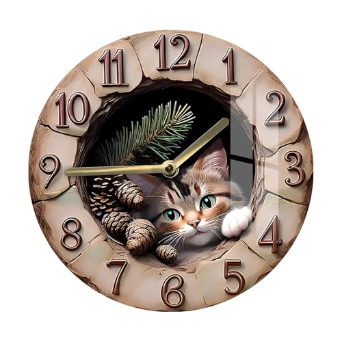 13 Inch 3D-Inspired Visual on 2D HD Print Round – Silent Non-Ticking Tempered Glass Cute Cat Wall Clock for Living Room Bedroom Kitchen – Rustic Woodland Pine Cone Modern Farmhouse Decorative Quartz