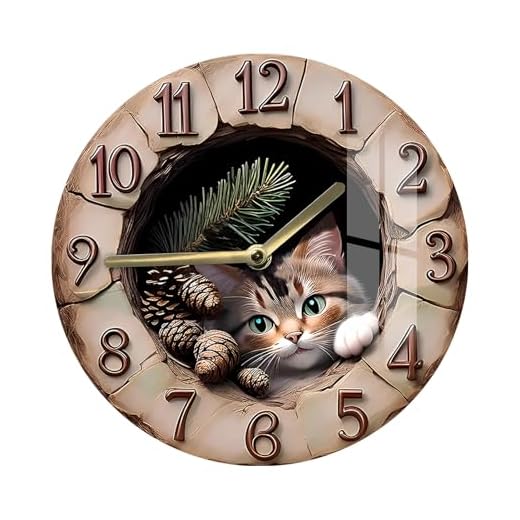 13 Inch 3 D Inspired Visual on 2 D HD Print Round – Silent Non Ticking Tempered Glass Cute Cat Wall