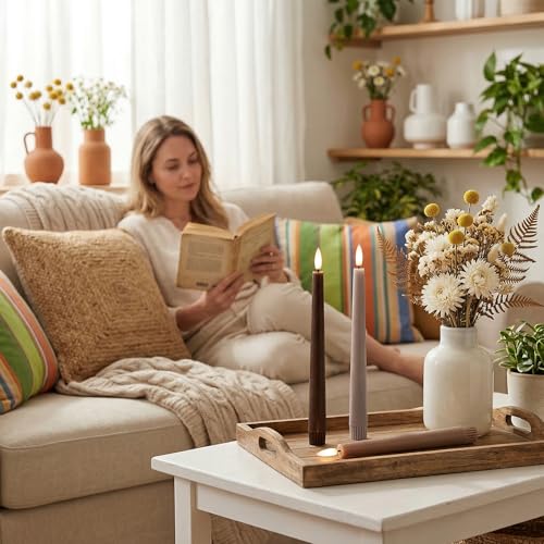 Image of Brown Flameless Taper Candles with Remote, 9.6 Inches Real Wax Battery Operated Candles, 3 Pack Flickering LED Candlesticks, Tall Taper Fake Candles for Home, Wedding, Party