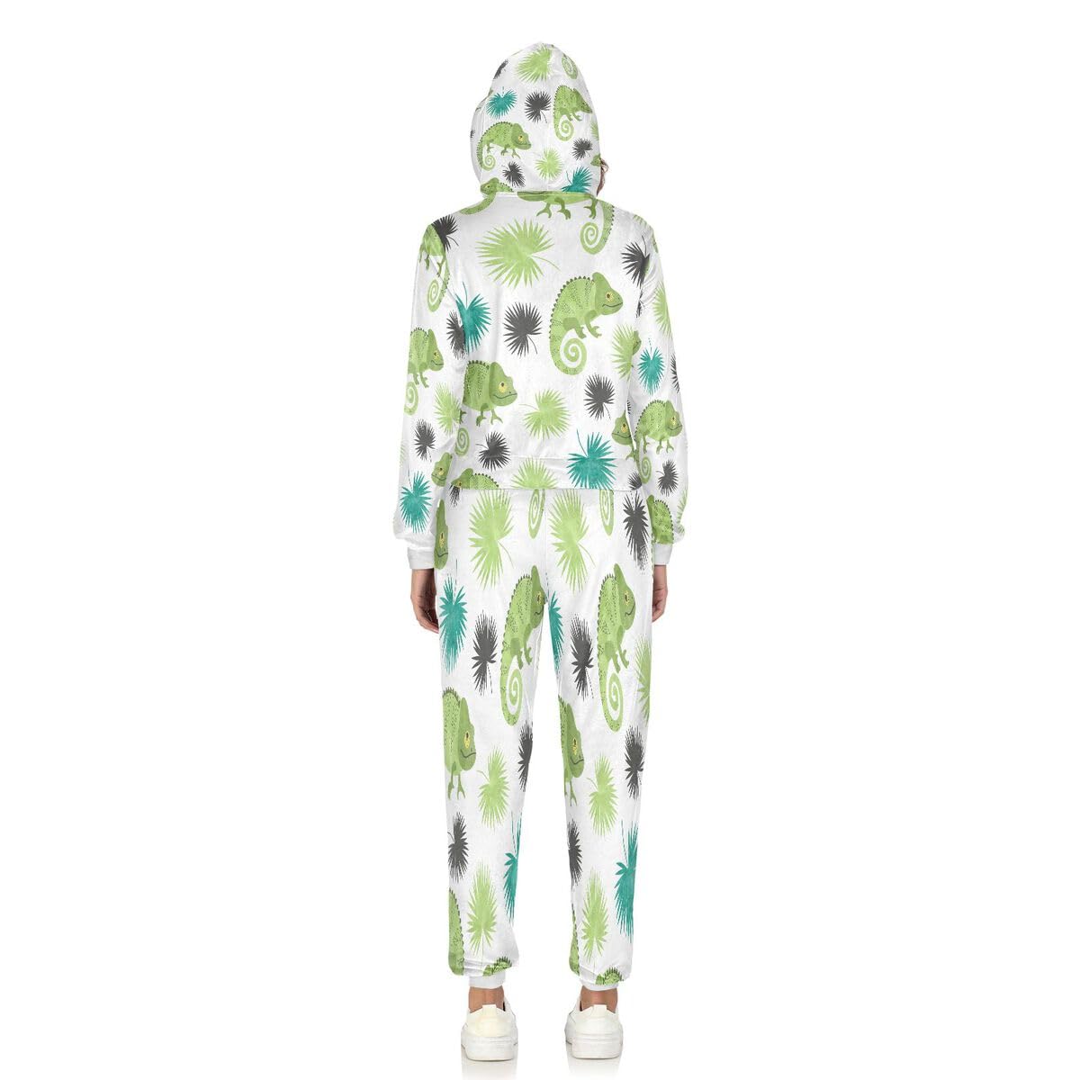 Conjunto deportivo de 2 piezas para mujer, diseño de hojas de palma, camaleón tropical, conjunto deportivo de manga larga, color verde