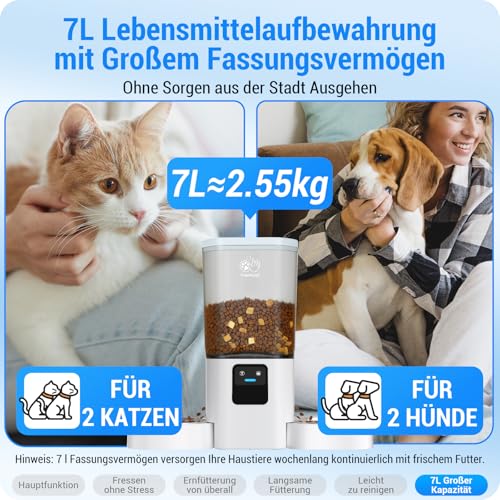 Futterautomat Katze 2 Näpfe mit APP: 7L katzenfutter automat mit Langsamer Vorschub, 5G WiFi Doppel Futterspender Katzen, Trockenfutter Automat für Mehrere Haustiere, WLAN Futterautomat Hund