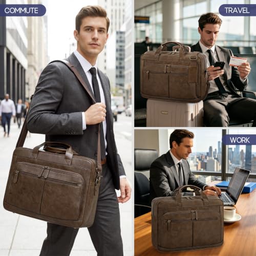Image of RAINSMORE Messenger Bag For Men 16 Inch Laptop Bag Waterproof PU Leather Briefcase Large Capacity Vintage Satchel Computer for Office Work Business Travel,Brown