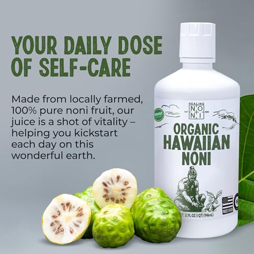 healing noni - 1-pack plastic bottle 32oz - 100 pure hawaiian organic noni juice - all-natural unsweetened fresh fruit - farm direct
