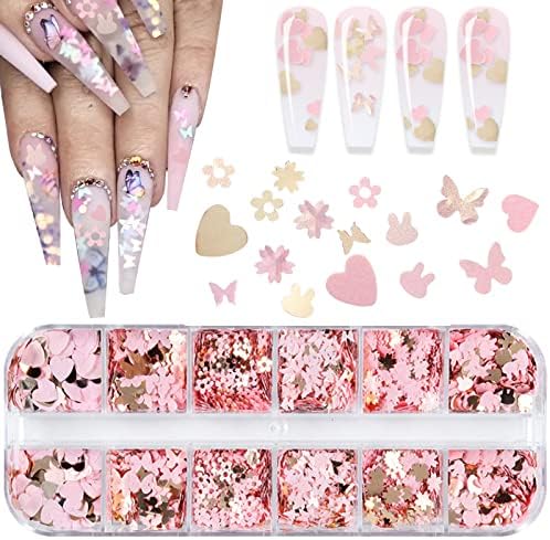 12 Grids Holographic Nail Glitter, Wsimily Butterfly Flower Heart Rabbit Pink Gold Nail Art Sequins Glitter for Acrylic Nails Design Paillettes Shining Flake Glitter Valentine's Day Nail Decoration